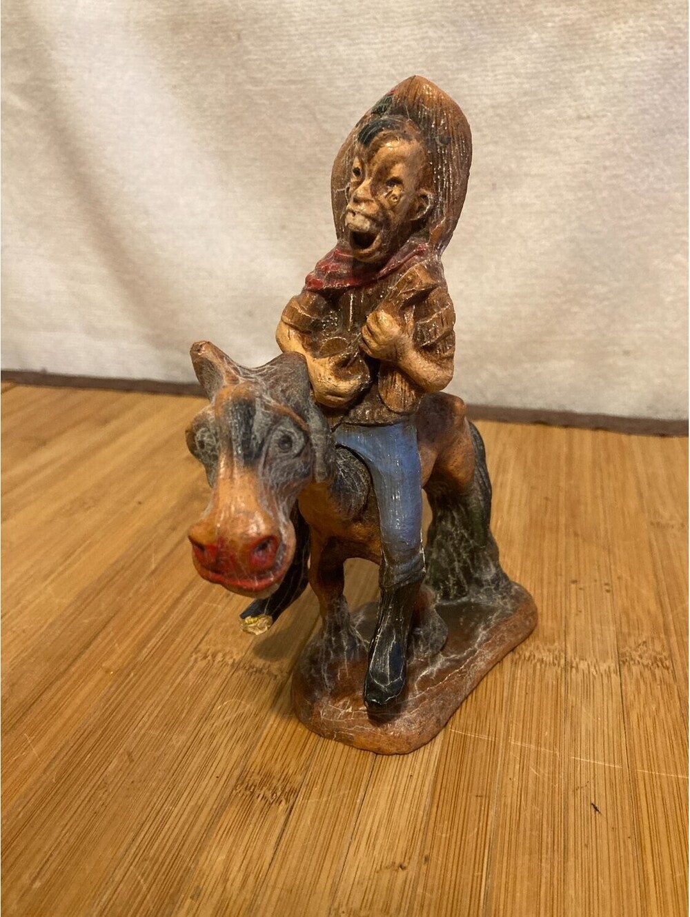 Vintage 1951 Omcia Carved Look Caricature Cowboy on Horse Figurine Western